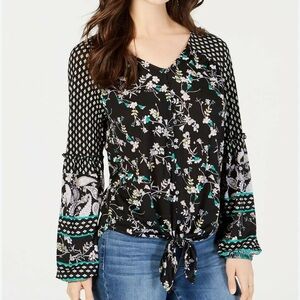 Style & Co Women's Mixed-Print Tie-Front Top   Size 1X